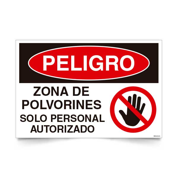 Señal de peligro zona polvorines solo personal autorizado NCh 1411/1 señalética explosivos